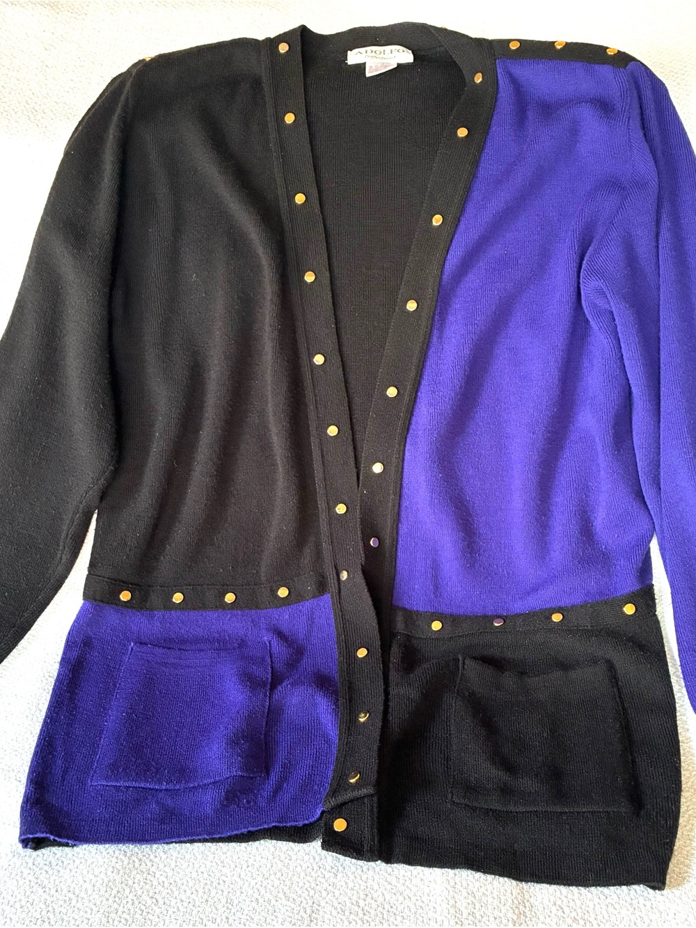 Adolfo Collections Women’s Small Lambs Wool Color block Studded Cardigan